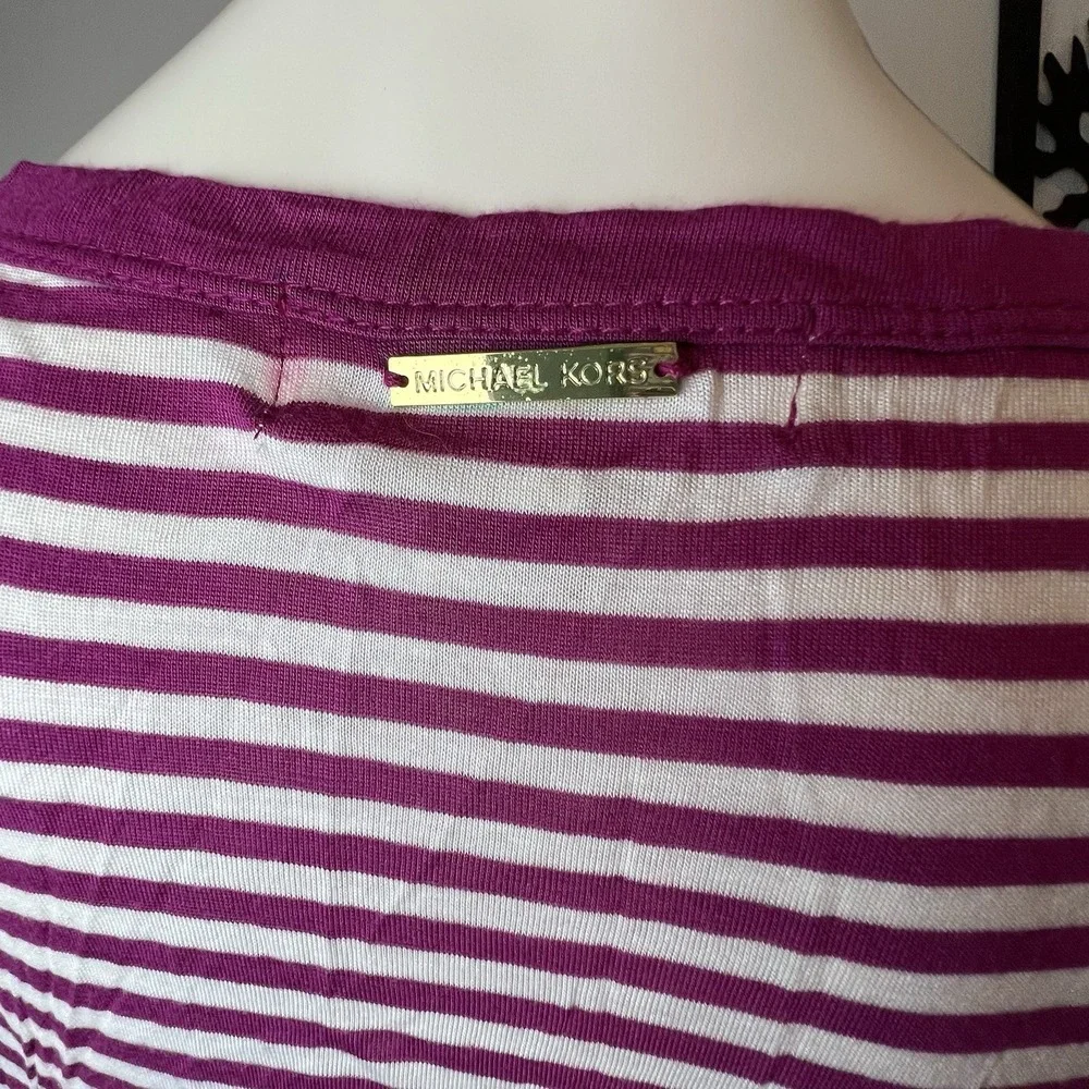 Michael by Michael Kors Purple White Striped Sequin Front Short Sleeve Top Med